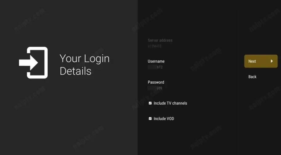 Playlist options — VOD and TV channels selected