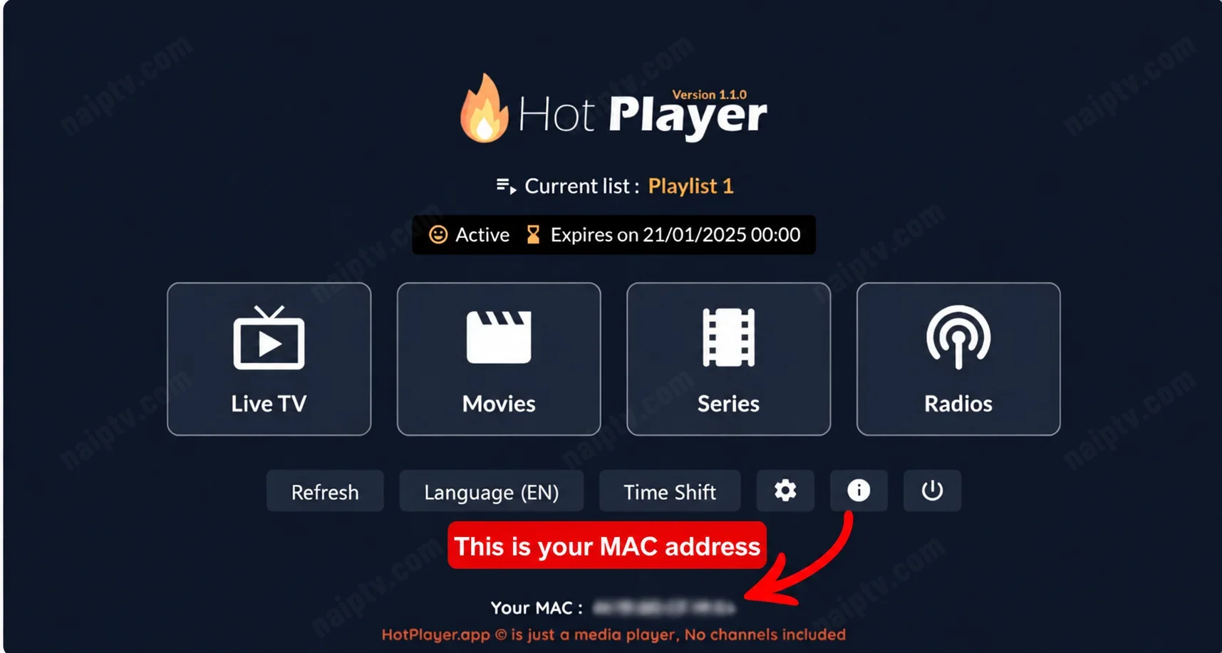 Hot Player interface showing where to find the MAC address