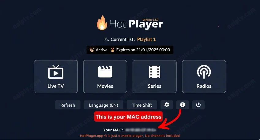 Hot Player — MAC address screen