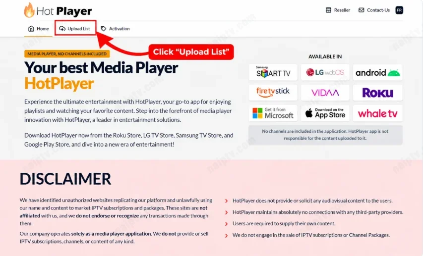 Hot Player website — Upload List