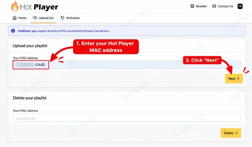 Hot Player website — enter MAC address / Next
