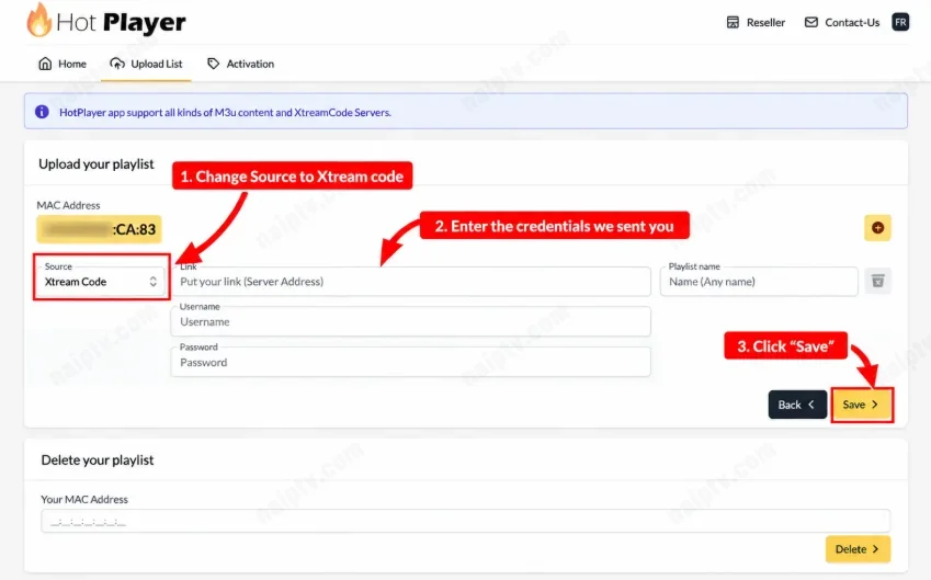 Xtream Code — server, username, password / Save