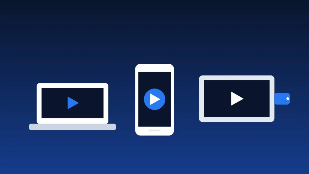 Laptop, phone and streaming device each showing a play icon, representing IPTV apps across devices