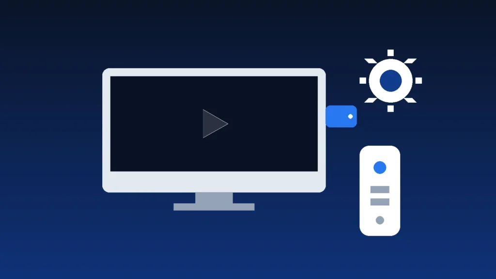TV screen with a streaming stick, remote control and setup icon representing IPTV installation on streaming devices