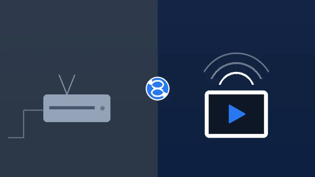 Traditional cable box compared with a modern streaming device receiving IPTV over Wi-Fi