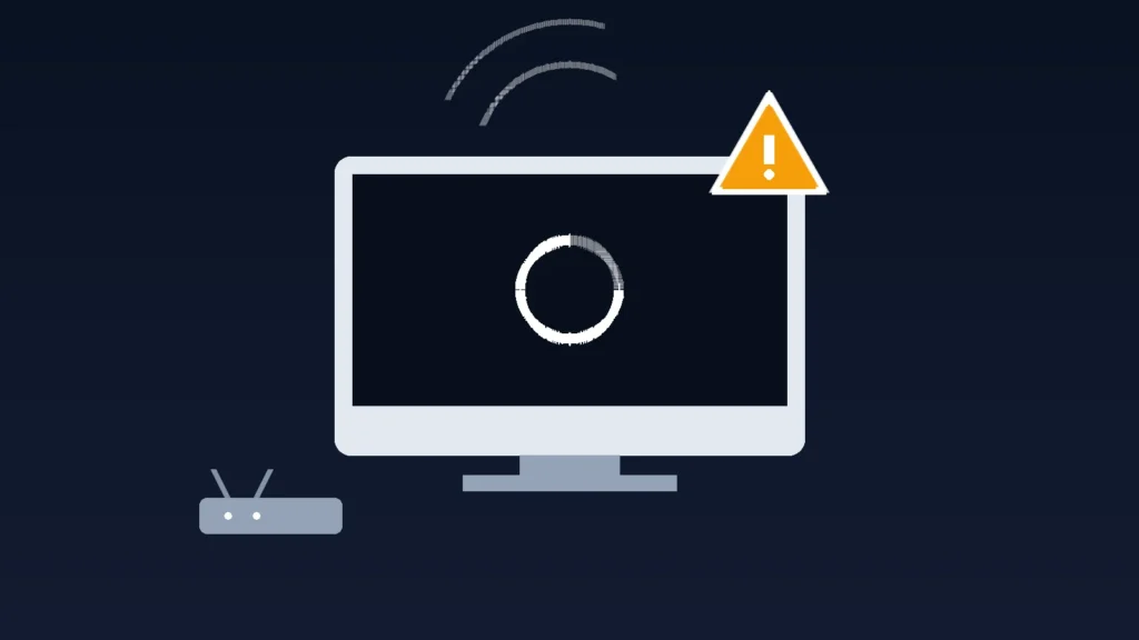 Streaming screen stuck buffering with a router and connection warning, representing IPTV playback problems